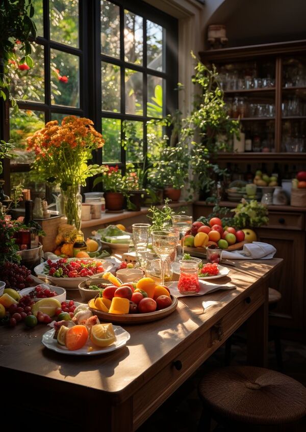 Tavolo con ingredienti freschi e piatti semplici in luce naturale